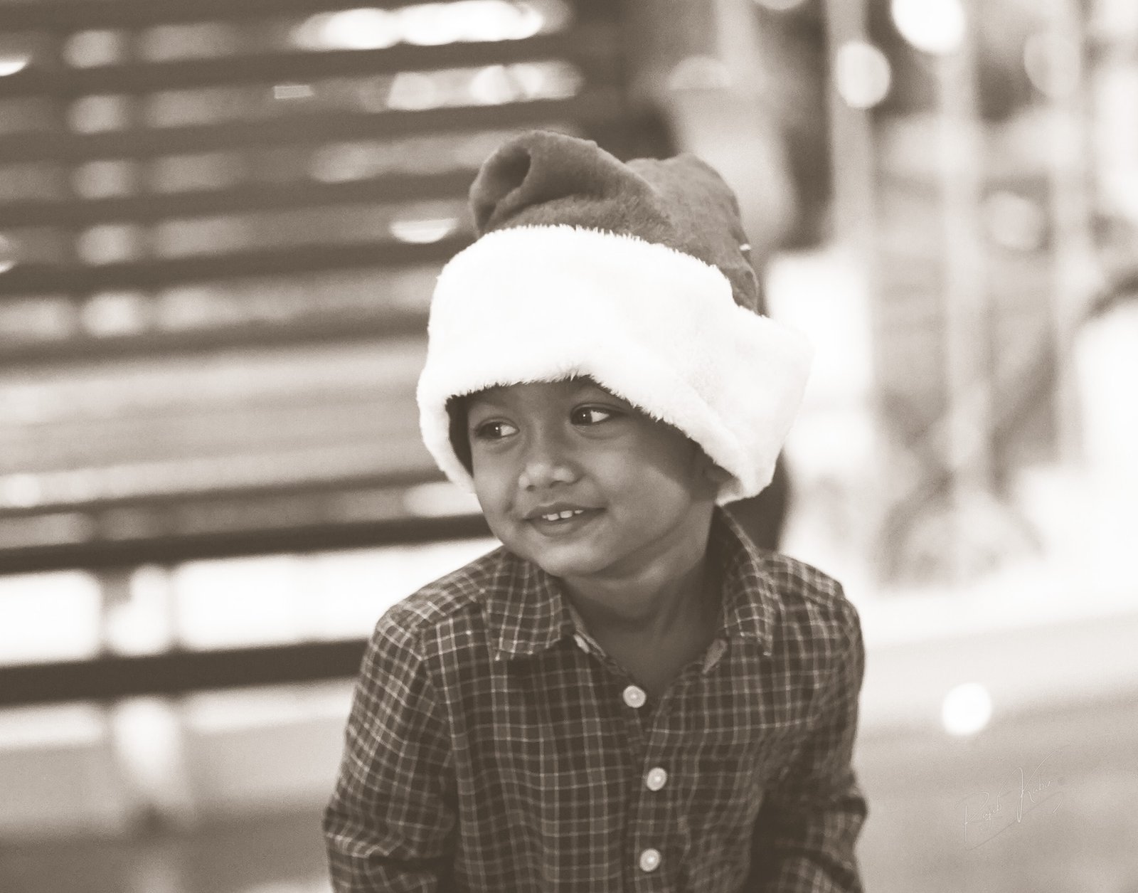 A young boy in a Santa hat smiling joyfully during the holiday season.