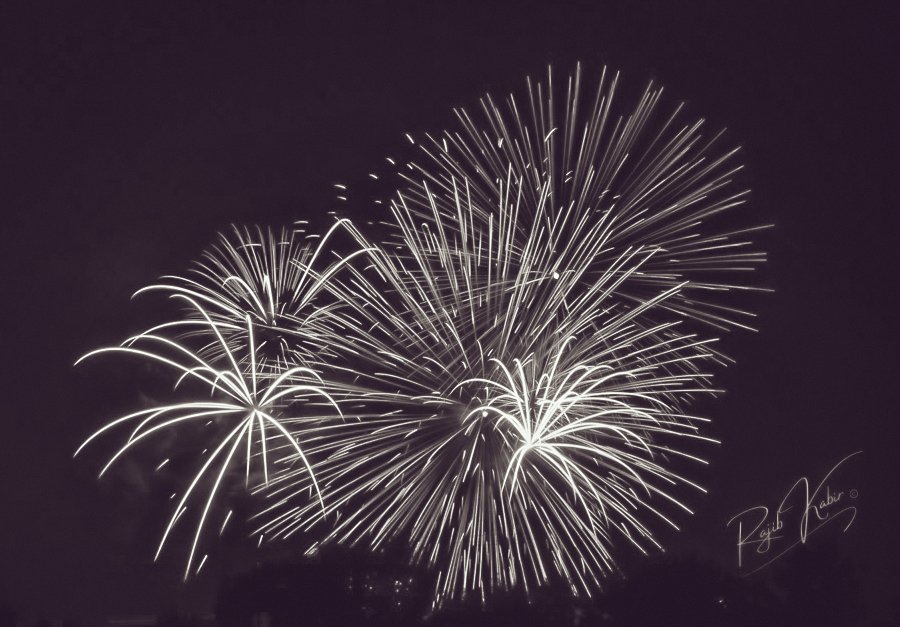 A spectacular black-and-white capture of fireworks illuminating the night sky.