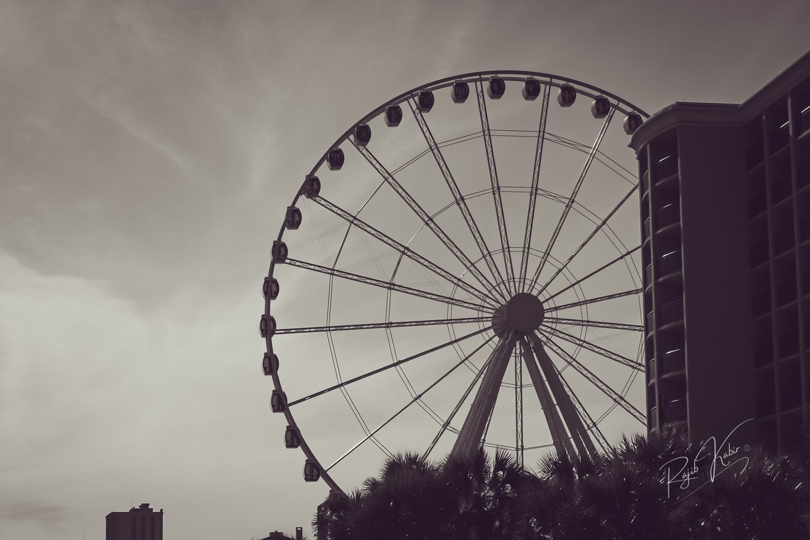 A striking black-and-white image of a Ferris wheel, set against a cloudy sky, captured by Rajib Kabir
