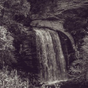 Black and white waterfall photograph by Rajib Kabir, capturing the natural beauty and flowing water in North Carolina