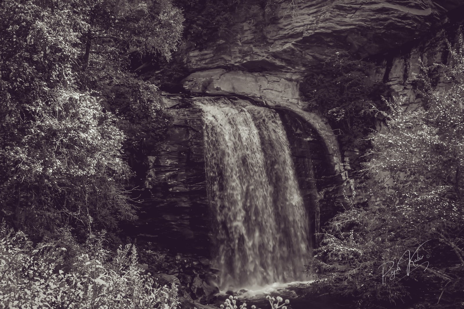 Black and white waterfall photograph by Rajib Kabir, capturing the natural beauty and flowing water in North Carolina