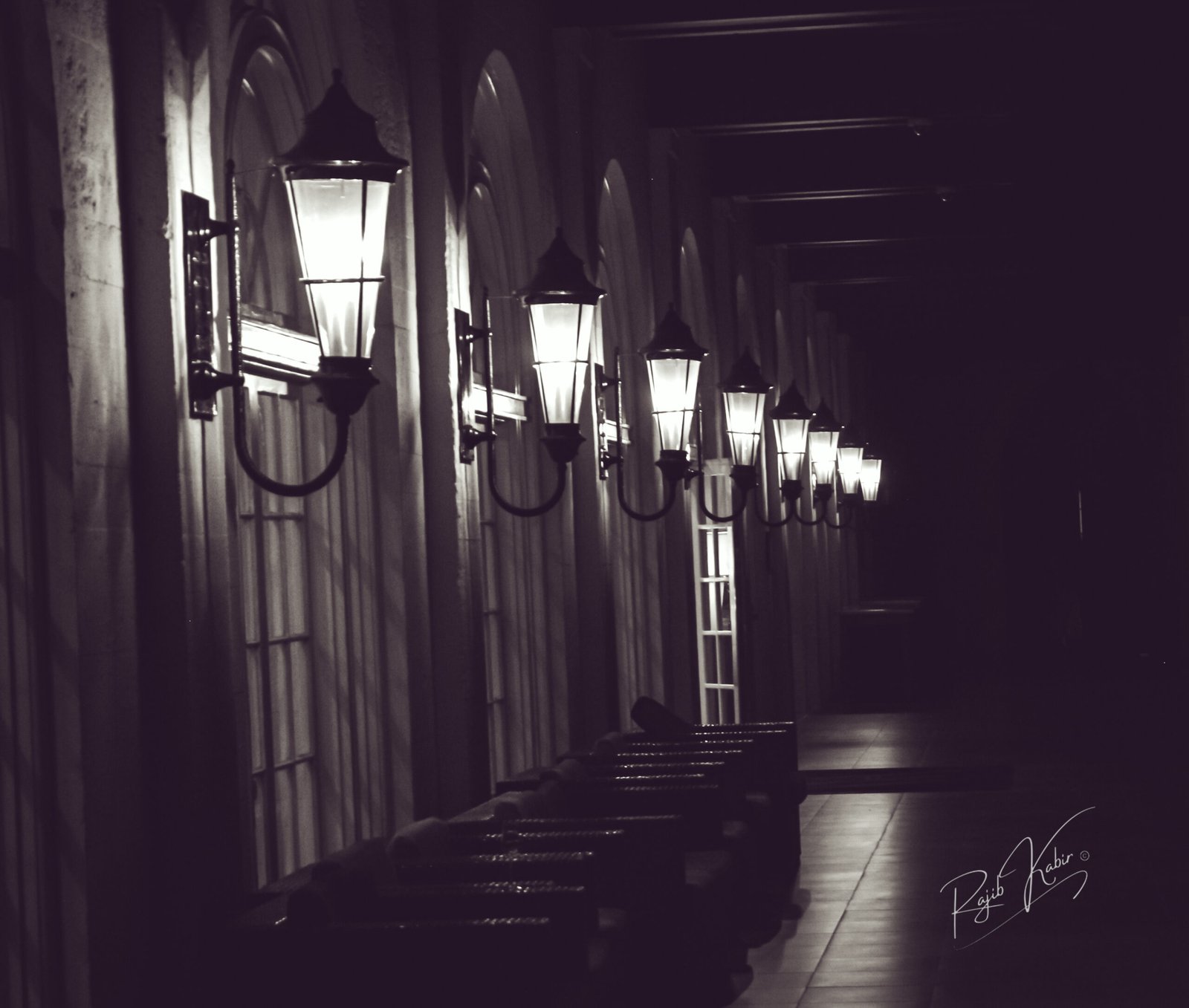 A black-and-white photograph of a row of illuminated lamps in an elegant hallway, captured by Rajib Kabir