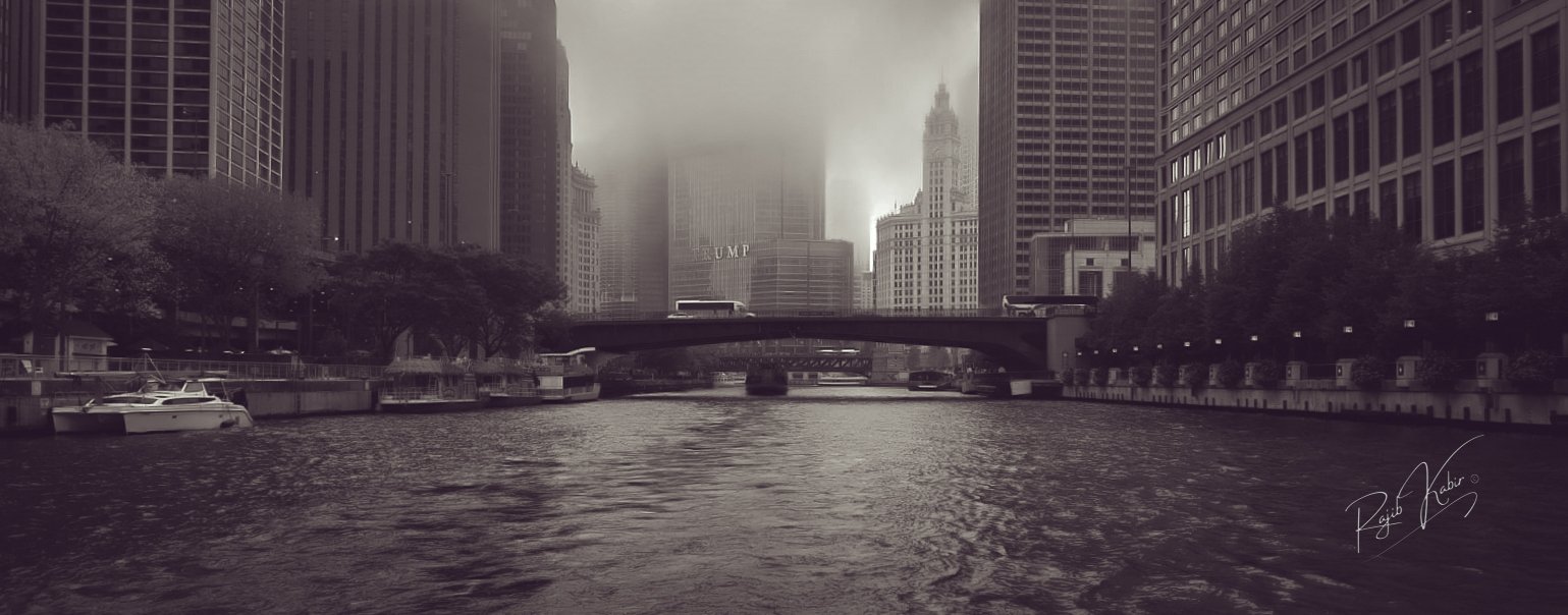 A breathtaking cityscape covered in fog with reflections on the river.