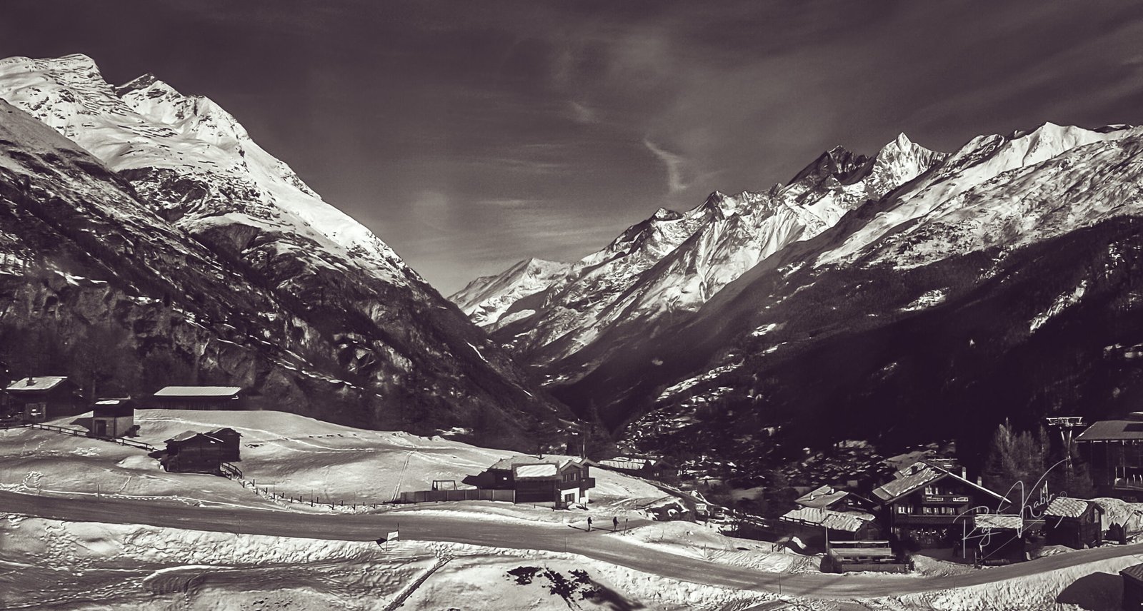Black and white mountain landscape in Zermatt, Switzerland, captured by Rajib Kabir